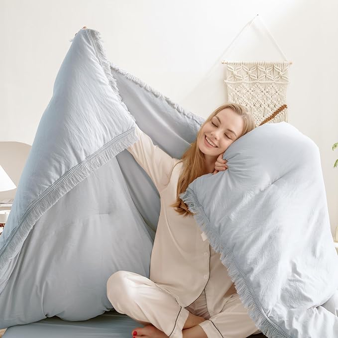 Andency Light Grey Comforter Set Twin Size, 2 Pieces Boho Tassel Lightweight Bedding Comforter Sets, All Season Soft Fluffy Fringe Bed Set (66x90In Comforter & 1 Pillowcase)
