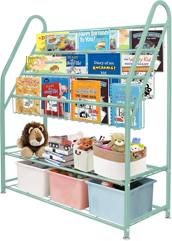 aboxoo Metal Kids Bookshelf Green Freestanding for Children Room 32 in Toy Organizer Book Unit Storage Large Green Stable Bookcase Bookstore Living Room Bed Room Library