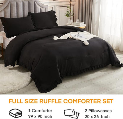 Andency Black Full Size Comforter Set, 3 Pieces Ruffle Farmhouse Shabby Chic Bedding Comforter & Sets, Soft Lightweight Fluffy All Season Down Alternative Bed Set for Boys Kids Men Women