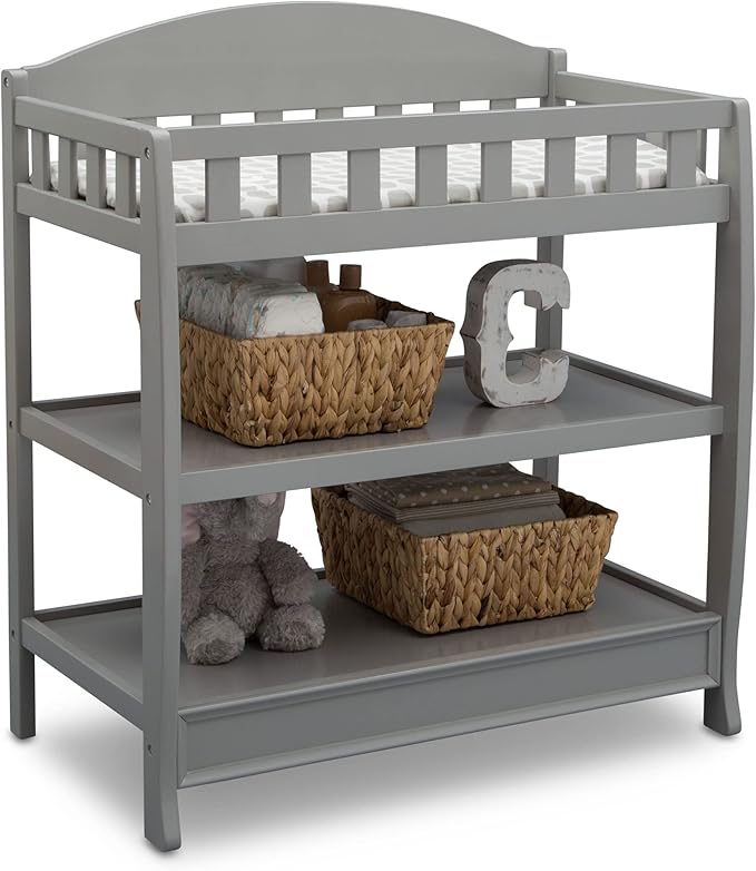 Delta Children Heartland 4-in-1 Convertible Crib Infant Changing Table with Pad + Serta Perfect Start Crib Mattress, Grey