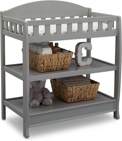 Delta Children Heartland 4-in-1 Convertible Crib Infant Changing Table with Pad + Serta Perfect Start Crib Mattress, Grey