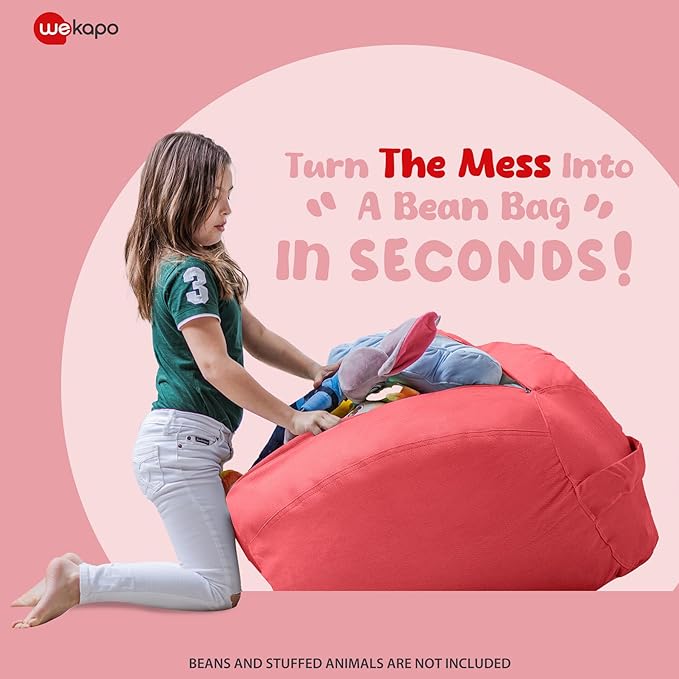WEKAPO Stuffed Animal Storage Bean Bag Chair Cover for Kids | Stuffable Zipper Beanbag for Organizing Children Plush Toys Large Premium Cotton Canvas (Solid Red, XX-Large)
