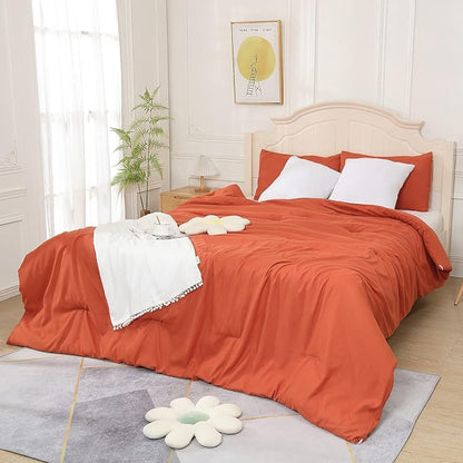 Terracotta Comforter for Queen Size Bed, Full Aesthetic Modern Burnt Orange Bedding Set for Women, Cute Soft & Lightweight Chic Microfiber Bed Sets, 3 pcs-1 Comforter & 2 Pillowcases (90“x90”)