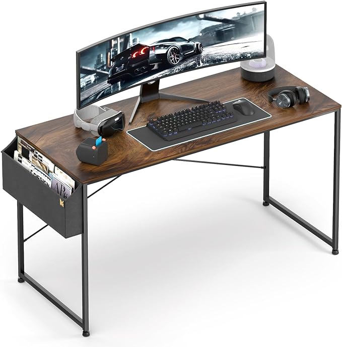 MoNiBloom Home Office Gaming Desk, 55 Inches Computer Study Table with A Storage Bag, Rustic Brown