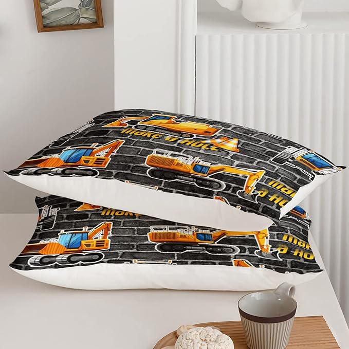 Axolotl Excavator Bedding Set Twin Size,Yellow Excavator Bed Comforter for Kids Boys Teens,Tractor Truck Bedding Set for Boys,Construction Bedding Set for Boys,1 Quilt 2 Pillowcases,Deep Grey
