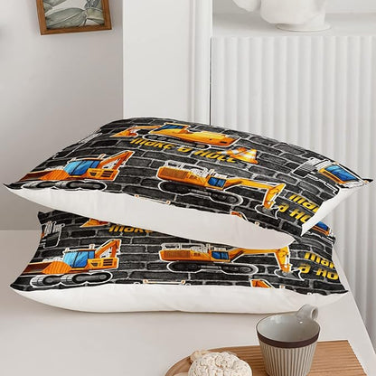 Axolotl Excavator Bedding Set Queen Size,Yellow Excavator Bed Comforter for Kids Boys Teens,Tractor Truck Bedding Set for Boys,Construction Bedding Set for Boys,1 Quilt 2 Pillowcases,Deep Grey