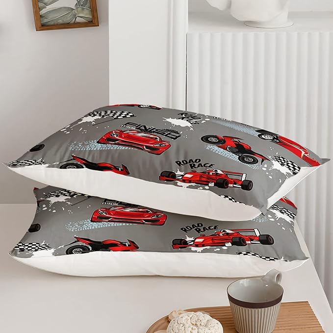 Axolotl Kid Comforter Set Full Size,Racing Car Bedding Set for Boys Girls Teen Car Racing Gifts,Race Cars Quilt Bed Set with 1 Comforter 2 Pillowcases,Red Grey
