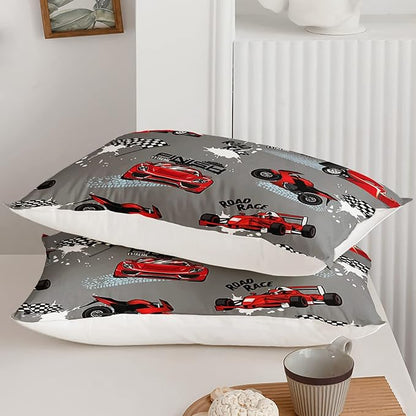 Axolotl Kid Comforter Set Full Size,Racing Car Bedding Set for Boys Girls Teen Car Racing Gifts,Race Cars Quilt Bed Set with 1 Comforter 2 Pillowcases,Red Grey