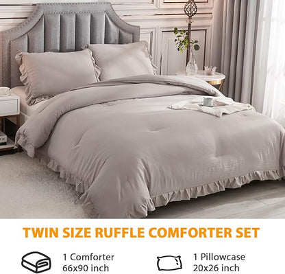 Andency Wheat Ruffle Comforter Set, 2 Pieces Kids Comforter Set Twin(66x90Inch), Farmhouse Shabby Chic Comforter Set, Soft Microfiber Kids Bedding Set