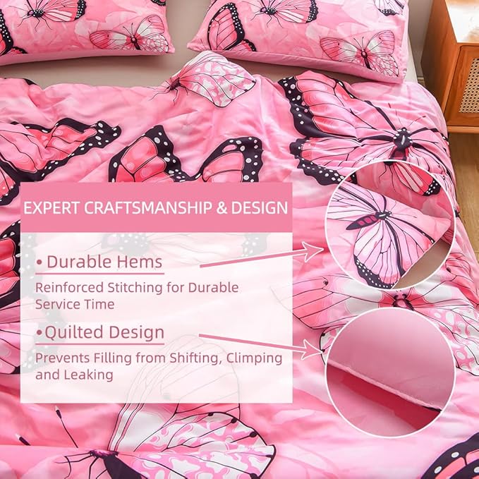 Btargot 3 Piece Pink Butterfly Girls Kids Adults Full Size Comforter Set, Lightweight Soft All Season Bedding Set with 2 Pillowcases