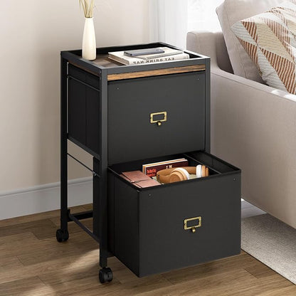 File Cabinet with 2 Drawers, Mobile Filing Cabinet Fits Letter Size or A4, Fabric Vertical File Cabinet on Wheels, File Cabinet for Home Office, Small Under Desk Storage Cabinet, Black