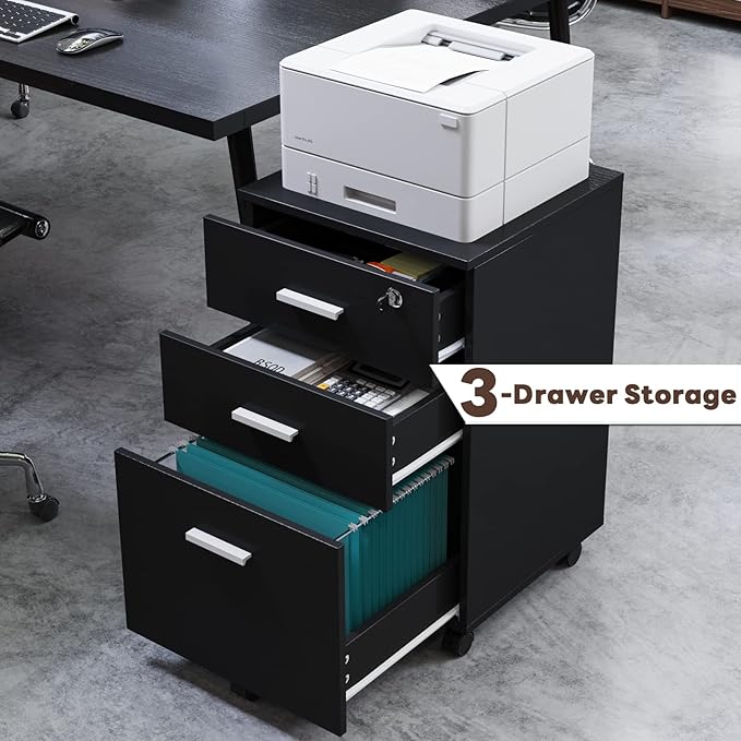 Maxtown 3 Drawer File Cabinet, Wood Filing Cabinet for Home Office, File Cabinet Office Drawer with Lock, Rolling Filing Cabinet for A4/Letter Size, Oak Grain