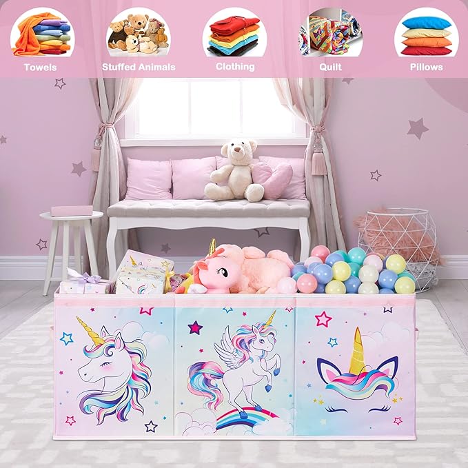 WERNNSAI Unicorn Toy Box Chest – Large Toy Chest Organizer with Flip-Top Lid Collapsible Sturdy Storage Bin with Handles 38 x 13 x 16 Inch for Kids Girls Pink Closet Nursery Living Room Bedroom