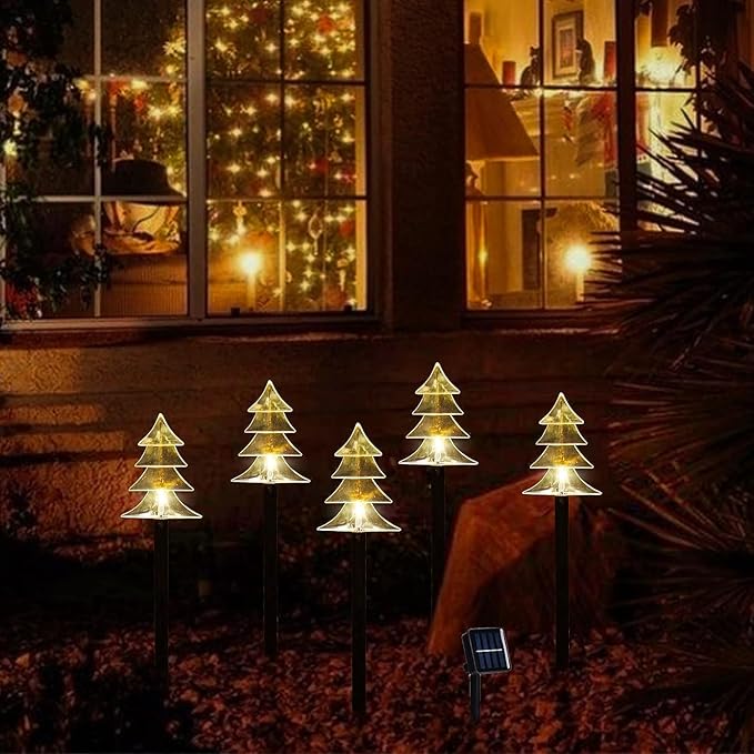 ILLUMINEW Christmas Solar Pathway Lights, Set of 10 Waterproof Landscape Christmas Lights, Stake Christmas Decorations, LED Lights for Yard Lawn Patio Walkway Decor (10PCS-Warm White-Tree)