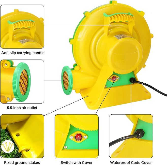 Bounce House Blower, 1100W 1.47HP Commercial Air Blower with Double-sided Fan Blade Design, Strong Wind and Great Heat Dissipation Properties for Large Bouncy Castle, Jump Slides, Arch