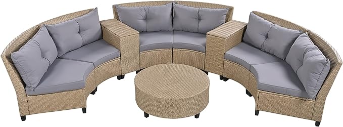 Outdoor 9 Pieces Patio Furniture Half Moon Wicker Sofa Sets, Fan-Shaped Curved Sectional Couch with Coffee Table and Gray Cushions, 1, Brown Rattan