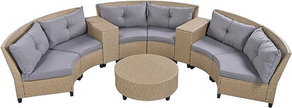 Outdoor 9 Pieces Patio Furniture Half Moon Wicker Sofa Sets, Fan-Shaped Curved Sectional Couch with Coffee Table and Gray Cushions, 1, Brown Rattan