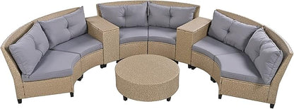 9 Pieces Outdoor Furniture Half Moon Wicker Patio Sets with Coffee Table, All-Weather Fan-Shaped Curved Sectional Sofa Couch with Gray Cushions, Onesize, Brown Rattan
