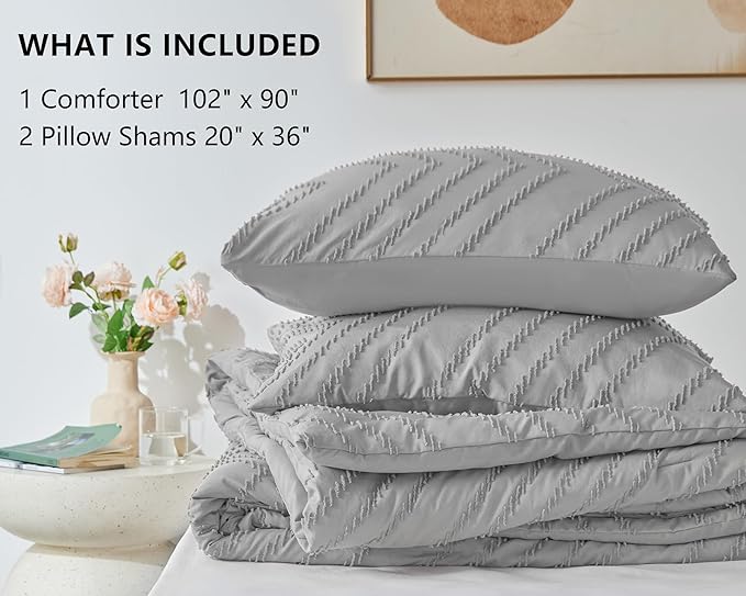 CozyLux King Size Comforter Set Light Grey - 3 Pieces Boho Tufted Shabby Chic Bedding Comforter Set for All Seasons, Chevron Bedding Sets with Comforter & 2 Pillow Shams