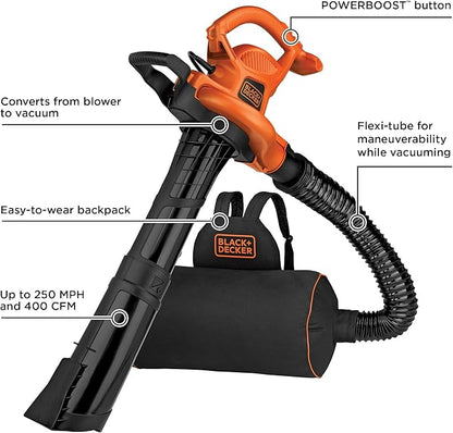 BLACK+DECKER Electric Leaf Blower, Leaf Vacuum and Mulcher 3 in 1, 250 mph Airflow, 400 cfm Delivery Power, Reusable Bag Included, Corded (BEBL7000)