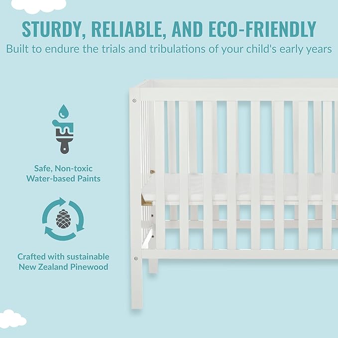 Edgewood 4-In-1 Convertible Mini Crib In White, JPMA Certified, Non-Toxic Finish, New Zealand Pinewood, With 3 Mattress Height Settings, Included 1" Mattress Pad
