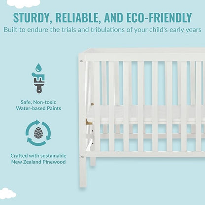 Edgewood 4-In-1 Convertible Mini Crib In White, JPMA Certified, Non-Toxic Finish, New Zealand Pinewood, With 3 Mattress Height Settings, Included 1" Mattress Pad