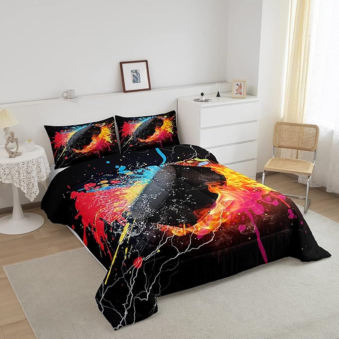 Erosebridal Hockey Bedding Set for Teen Boys Kids Winter Sports King Comforter Set Grunge Hippie Tie Dye Ball Bed Comforter Sets Red Blue Fire and Water Lightning Quilt Duvet Insert 2 Pillow Cases
