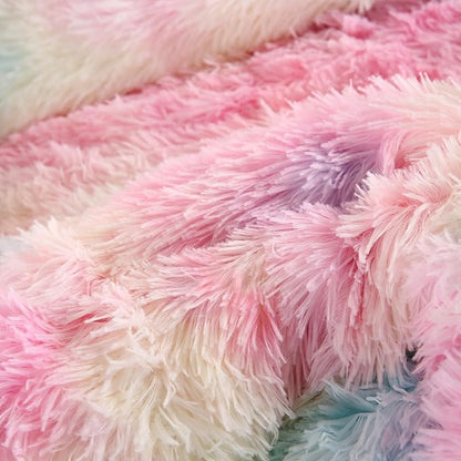 WINLIFE Shaggy Bedding Comforter Set Faux Fur Flannel Furry Comforter Microfiber Long Hair Fluffy Plush Comforter Sets Gradient Ombre Tie Dye MultiColor Bedding for Girls Adults (3Pcs, Full, Rainbow)