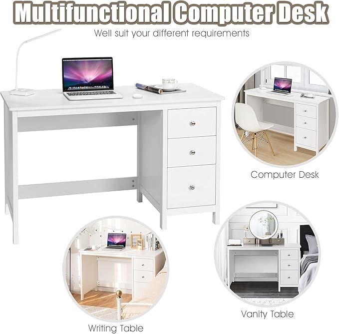 3-Drawer Computer Desk, White