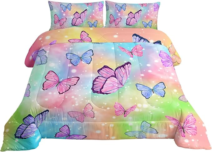Datura home Bedding Comforter Set Rainbow Watercolor Printed Pattern Quilt Bedding Set with 1 Comforter and 2 Pillowcases for Girls Bedroom All Season(Butterfly Watercolor Twin)