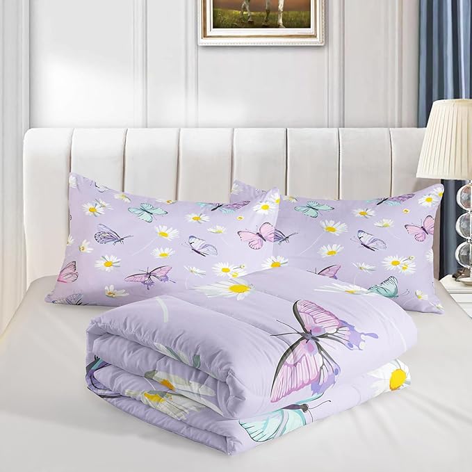 Butterfly Comforter Set for Kids Teens Girls Women,Daisy Kids Comforter,1 Comforter with 2 Pillowcase, Microfiber 3 Piece Bedding Set,for All Seasons(Purple，Queen Size)