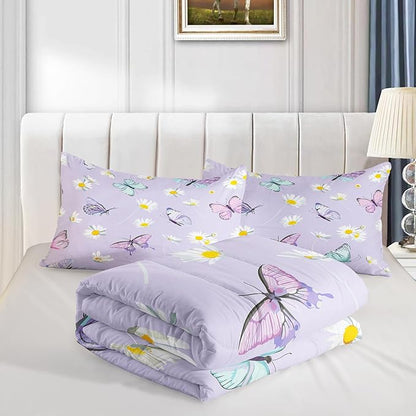 Butterfly Comforter Set for Kids Teens Girls Women,Daisy Kids Comforter,1 Comforter with 2 Pillowcase, Microfiber 3 Piece Bedding Set,for All Seasons(Purple，Full Size)