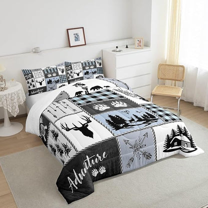 Deer Bear Kids Comforter Set Full Size,Hunting Adventure Rustic Farmhouse Bedding Set for Boys Girls Adults Room Decor,Geometric Plaid Patchwork Down Comforter,Blue Xmas Duvet Insert,2 Pillowcases