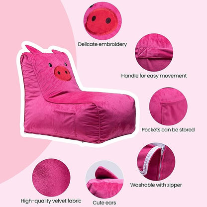 Bean Bag Chair for Kids, Cute Pig L-Shape Animal Bean Bag Sofa with Top Handles and Side Pockets, Cute Soft and Comfy Bean Bag Chair with Filler Included, Ages 1+ Children's Day Gifts