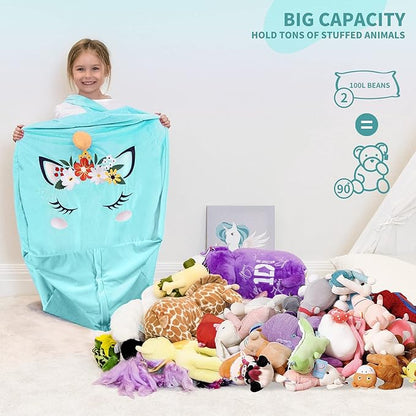 Aubliss Unicorn Stuffed Animal Storage Bean Bag Chair for Kids, Velvet Extra Soft Beanbag Chairs Cover, X-Large Stuffable Zipper Bean Bag for Organizing Plush Toys Girls Bedroom Decor, Cyan Floral