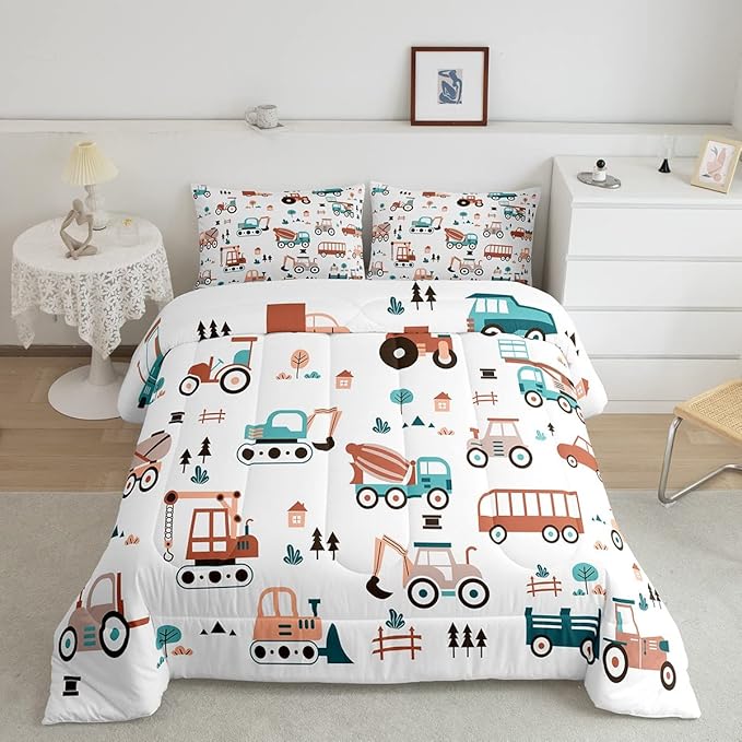 Feelyou Boys Cartoon Car Comforter Set, Kids Construction Cars Trucks Comforter for Children Cartoon Botanical Truck Bedding Set Cute Cars Quilt Set with 1 Pillowcase 2Pcs Bedding Twin