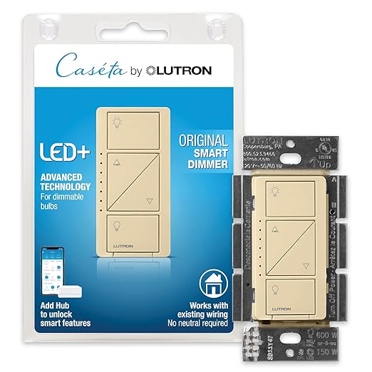 Lutron Caseta Original Smart Dimmer Switch (Lutron Smart Hub Required), for LED Lights, 150 Watt, Single-Pole/3-Way, No Neutral Required, PD-6WCL-IV 6-PACK, Ivory, 6 Pack