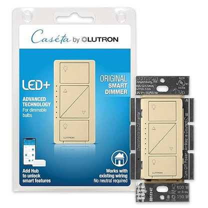 Lutron Caseta Original Smart Dimmer Switch (Lutron Smart Hub Required), for LED Lights, 150 Watt, Single-Pole/3-Way, No Neutral Required, PD-6WCL-IV 6-PACK, Ivory, 6 Pack