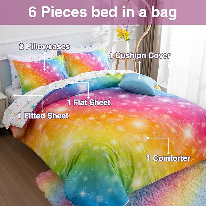 A Nice Night 6Pcs Gradient Glitter Bedding Set for Girls, Colorful Rainbow Galaxy Comforter Set, Ultra Soft Bedding Sets (Multi,Queen 6Pcs)