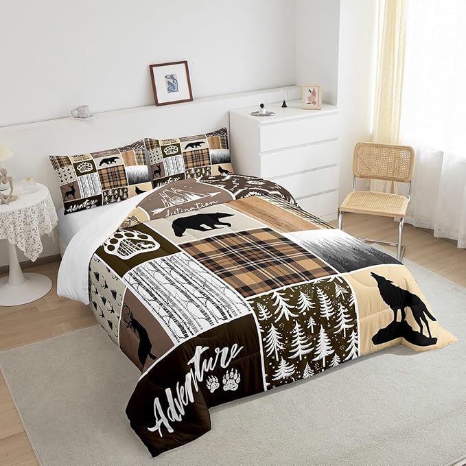 Rustic Farmhouse Kids Comforter Set Full Size,Deer Antlers Bear Paws Plaids Patchwork Bedding Set for Boys Girls Adults Room Decor,Pine Trees Xmas Down Comforter,Brown Duvet Insert,2 Pillowcases