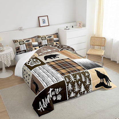 Rustic Farmhouse Kids Comforter Set Full Size,Deer Antlers Bear Paws Plaids Patchwork Bedding Set for Boys Girls Adults Room Decor,Pine Trees Xmas Down Comforter,Brown Duvet Insert,2 Pillowcases