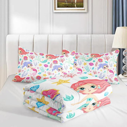Mermaid Comforter Set Twin Size Fairy Tale Sea Shell Grass Bedding Set Starfish Quilt Bed Set for Kid Girls with 1 Comforter and 2 Pillowcases