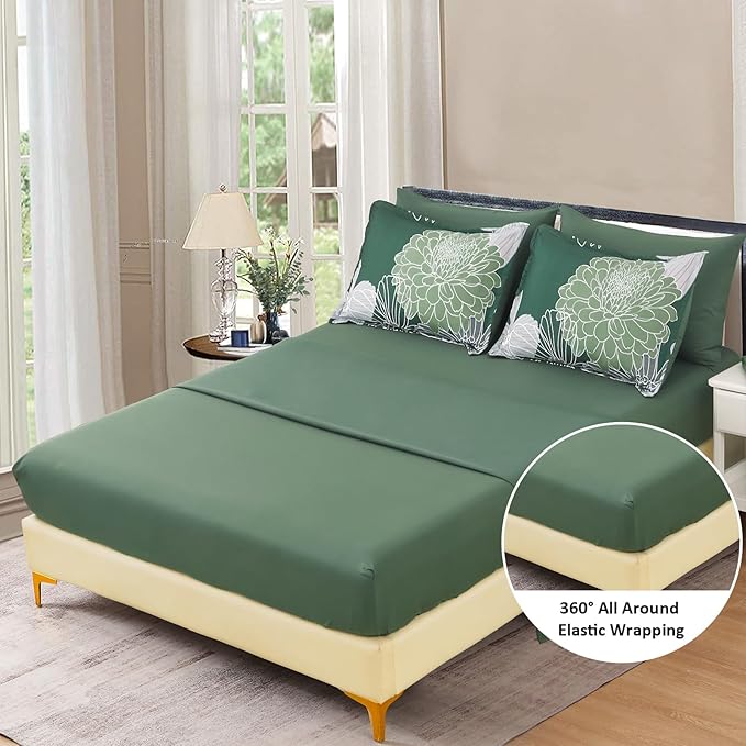 Yiran 7 Pieces Queen Floral Comforter Set,Emerald Green Bed in a Bag Flowers Comforter,Soft Microfiber Bedding Set with Comforter, Sheets, Pillowcases & Shams 90"×90"