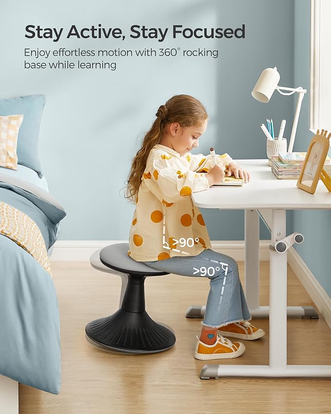 SONGMICS Kids Wobble Chair, Wiggle Stool for Kids Ages 5-8, Comfortable 60D Foam Seat, Breathable Fabric, Anti-Slip Base, 14.2-Inch High, Tool-Free Assembly, Ink Black and Dove Gray UOSC009B01