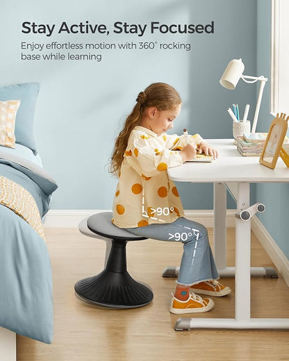 SONGMICS Kids Wobble Chair, Wiggle Stool for Kids Ages 5-8, Comfortable 60D Foam Seat, Breathable Fabric, Anti-Slip Base, 14.2-Inch High, Tool-Free Assembly, Ink Black and Dove Gray UOSC009B01