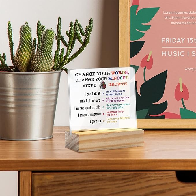 Growth Mindset Gift Change Your Words Change Your Mindset Clear Desk Decorative Sign Keepsake Present Positive Acrylic Plaque with Wooden Stand Sign Desk Decor for Home Office