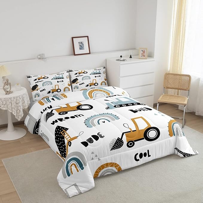 Feelyou Truck Excavator Comforter for Kids Boys Girls Cartoon Cars Bedding Set Tractor Engineering Vehicle Comforter Set Construction Bedroom Decor Quilt Set with 1 Pillowcase 2Pcs Bedding Twin