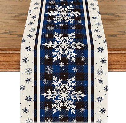 Artoid Mode Buffalo Plaid Snowflakes Blue Christmas Table Runner, Seasonal Winter Kitchen Dining Table Decoration for Home Party Decor 13x120 Inch