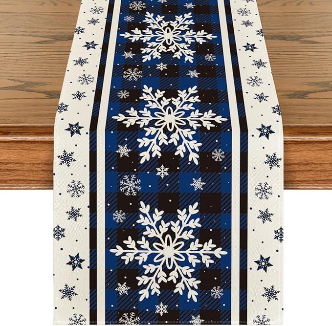 Artoid Mode Buffalo Plaid Snowflakes Blue Christmas Table Runner, Seasonal Winter Kitchen Dining Table Decoration for Home Party Decor 13x48 Inch