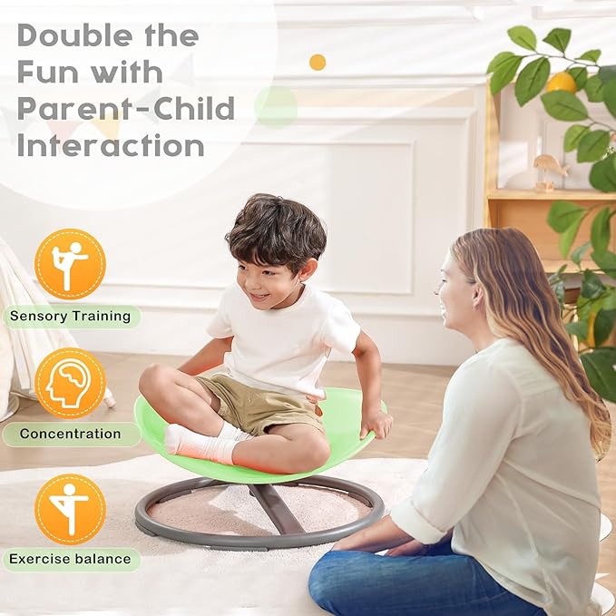 Autism Kids Swivel Chair,Sit and Spin Chair for Kids,ADHD Sensory Integration Therapy,Training Body Coordination,Wobble Disk for Toddlers,Improve Focus,Metal Base Non Slip Safer（Green）
